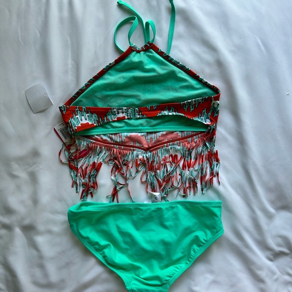 Swimwear Gossip Girl Cactus Fringe 2 Pc Bikini Set SZ 12 Burnt Orange Green - Picture 4 of 4